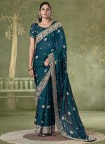 Chiffon Teal Blue Wedding Wear Embroidery Work Saree